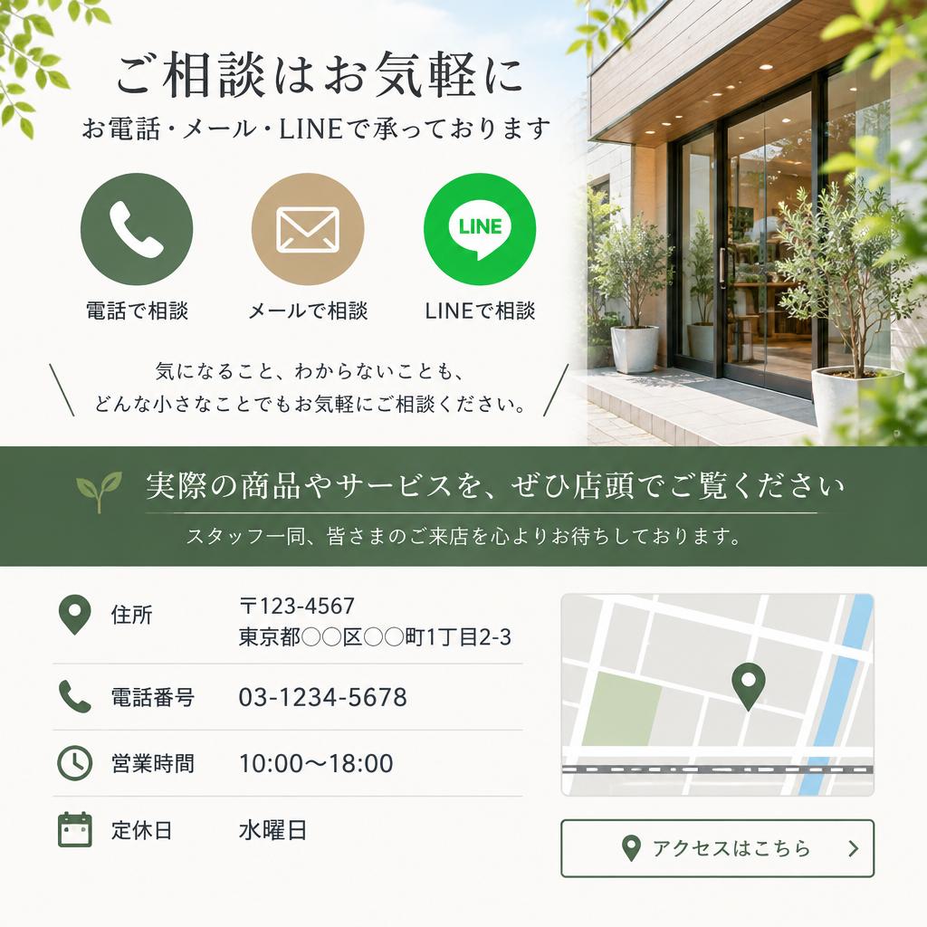 まずは気軽にお問い合わせを。行田市の店舗でお待ちしています